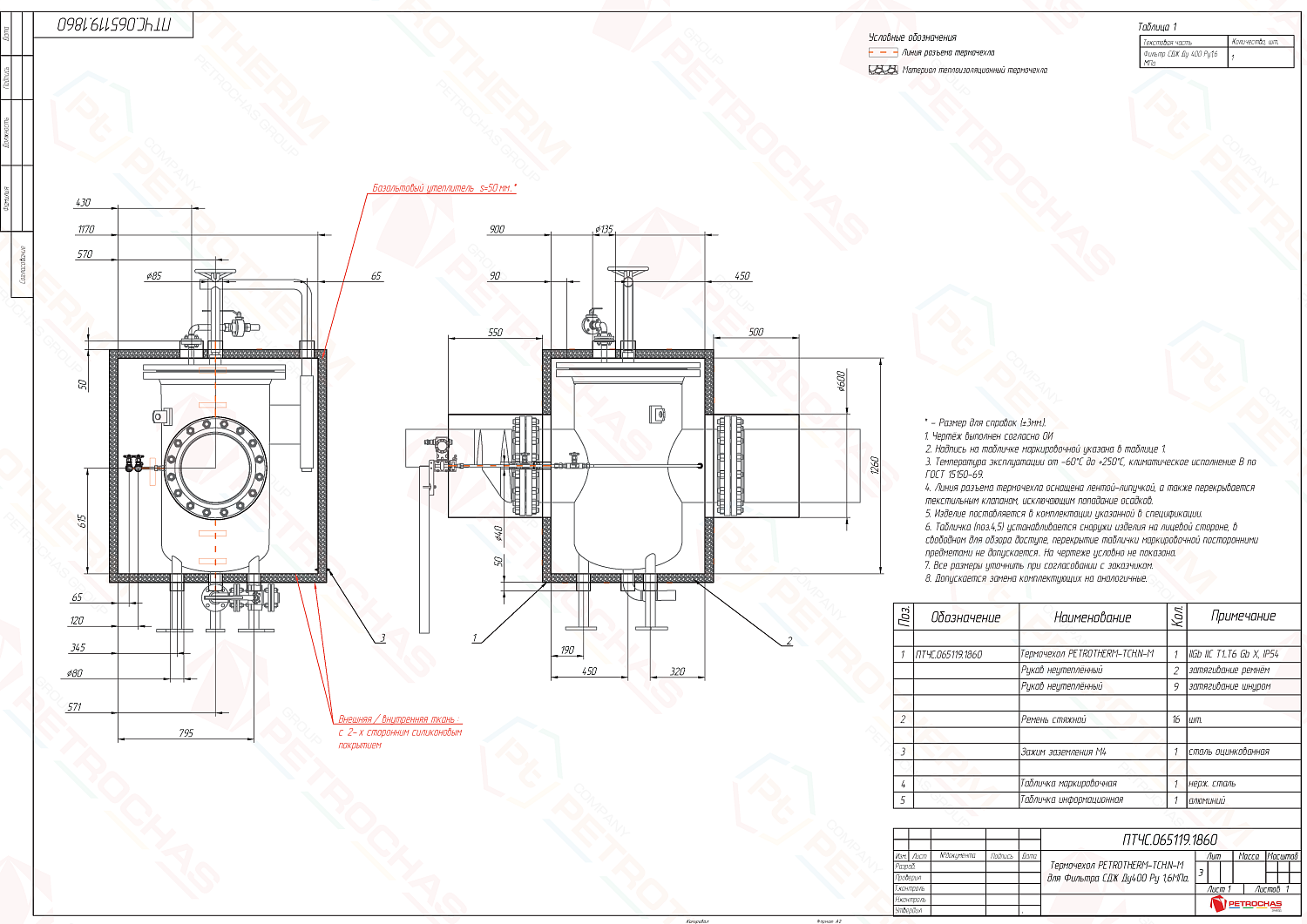 Термочехол PETROTHERM-TCH.N-М (ПТЧС.065119.1860) для Фильтра СДЖ Ду400 Pу 1,6МПа.